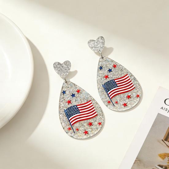 American USA Flag Earrings for Women Patriotic Red White Blue Cubic Zircon Dangle Drop Earrings, 4th of July Independence Day