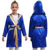 Kids Boys Boxing Robe Boxer Cosplay Costume Long Sleeve Metallic Trim Satin Hooded Cloak Kickboxing Gown for Halloween Party