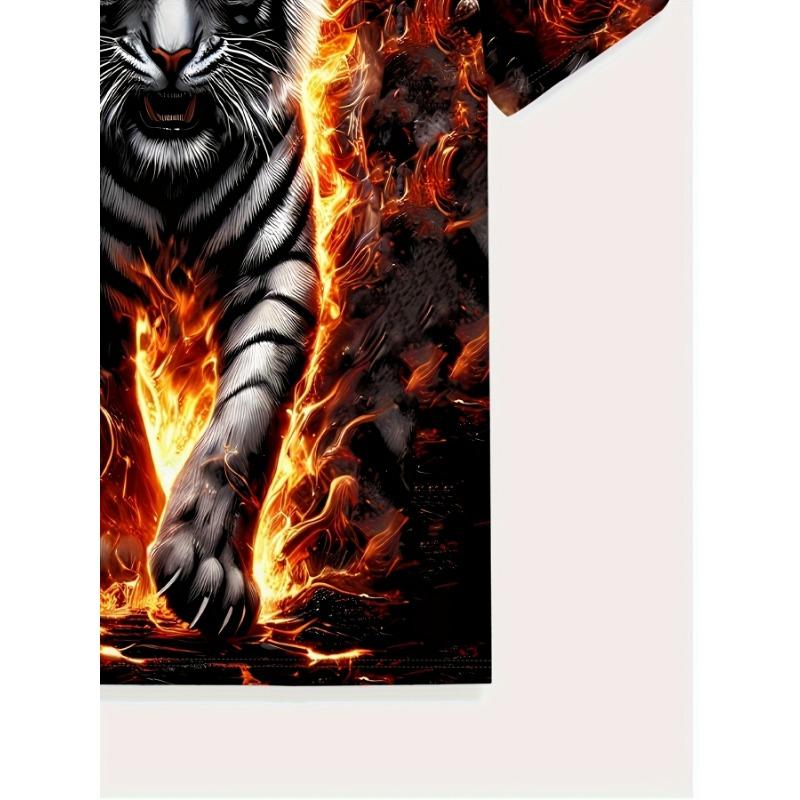 Men's Fire Tiger 3D Printed T-Shirt Casual Short Sleeve Crewneck Top Cool Flame White Tiger Graphic Tee Hip Hop Style Dark Streetwear Fashion Apparel