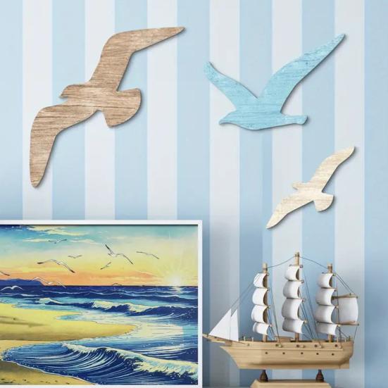 3 Stück Holzmöwen Wanddekoration Nautisch Strand Küsten Thema Kleine Seevögel Wandkunst Seehaus Ozean Wandskulptur für Zuhause Badezimmer