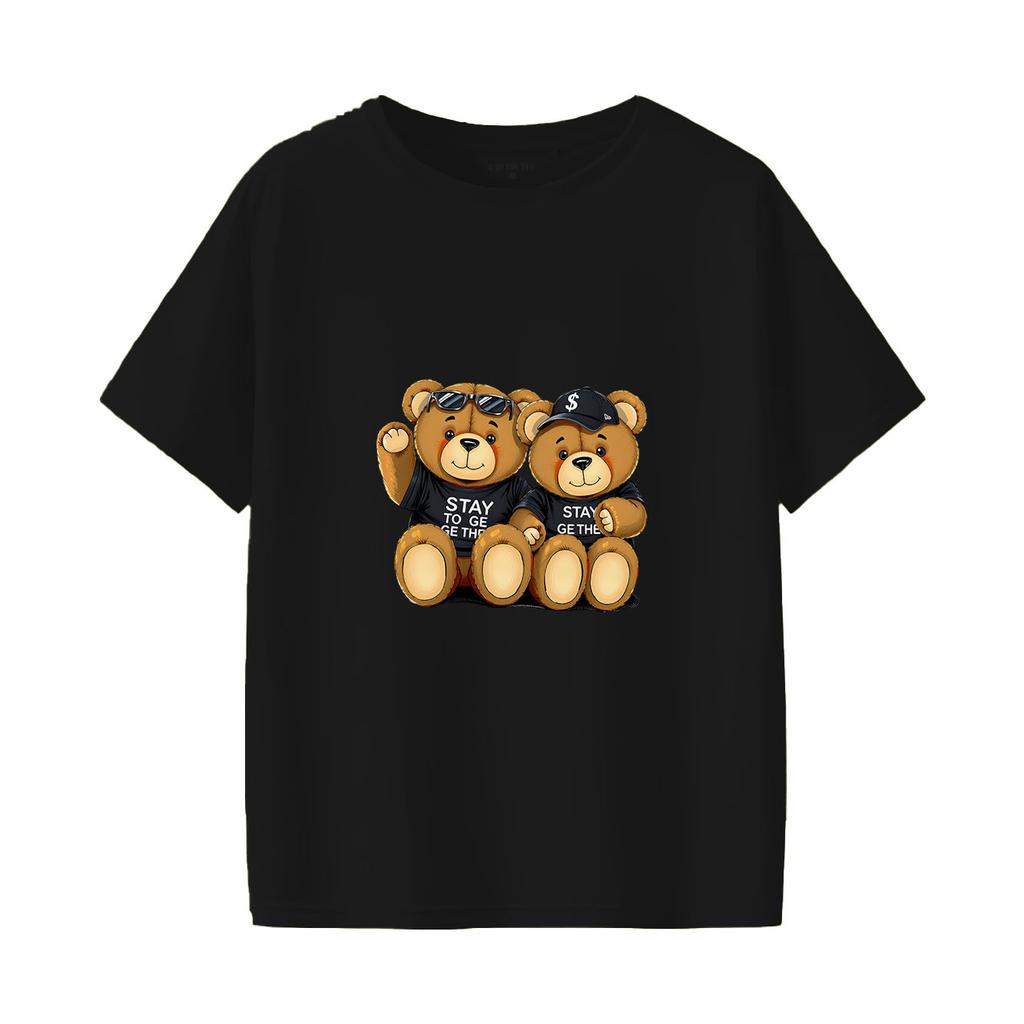Cartoon bear print short sleeved round neck versatile fashion Womens Tshirt for spring and summer