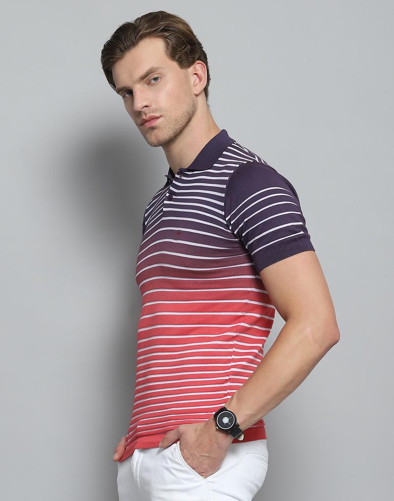 MONTE CARLO Mens Striped Purple Collar Neck Half Sleeve T-Shirt