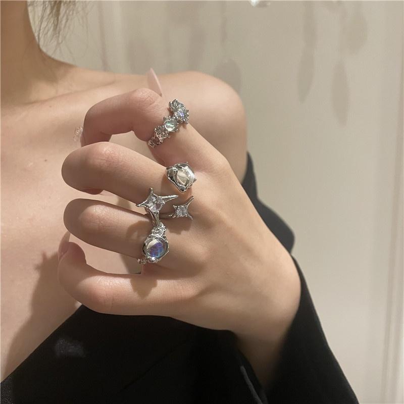Crystal Opal Irregular Ring for Women Zircon Star Open Rings Vintage Geometric Trendy Ring Jewelry