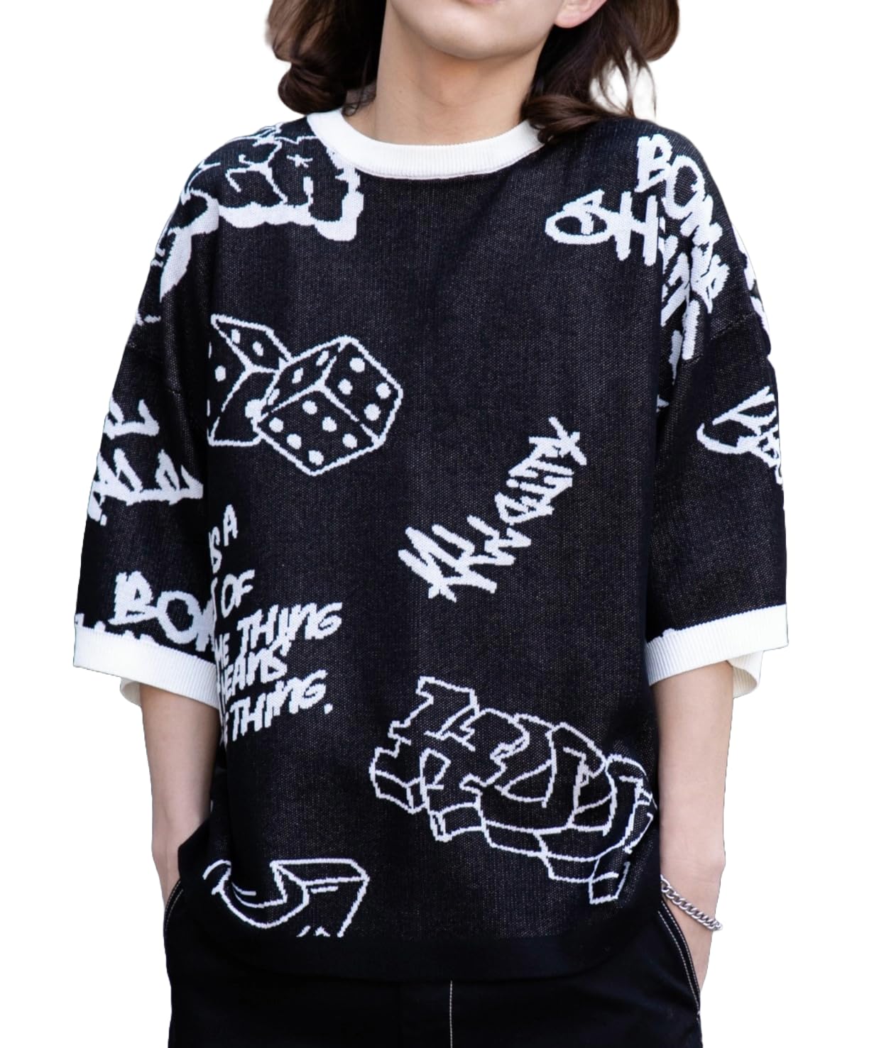 

WEGO Jacquard Graphic Knit Short Sleeve Loose Size Black Men s T-Shirt, Patterned, Oversized, Fit, Streetwear, Spring/Summer, Gift, Present, чёрный