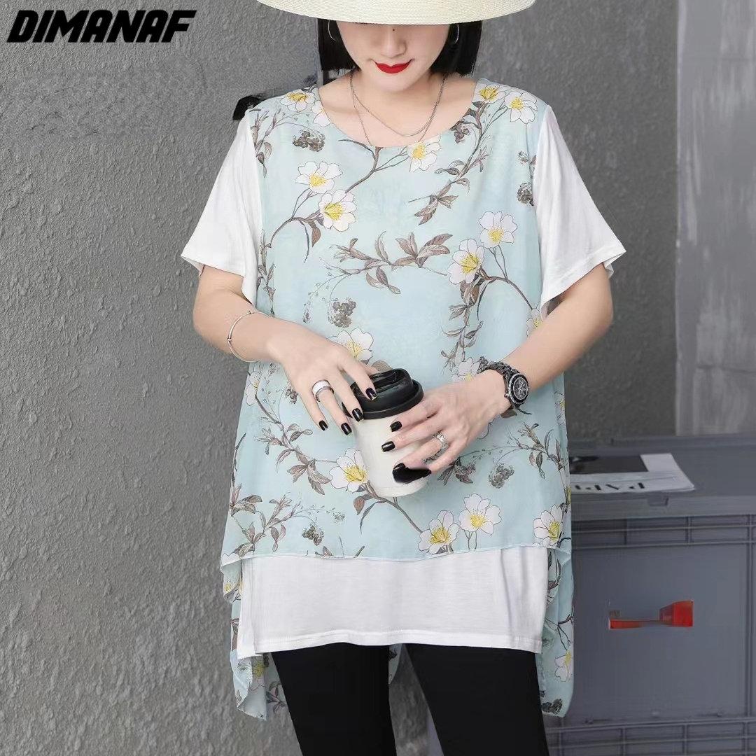 

DIMANAF 2023, летняя футболка больших размеров, шифоновая женская лоскутная футболка с цветочным принтом, свободная повседневная рубашка оверсайз, 8 цветов