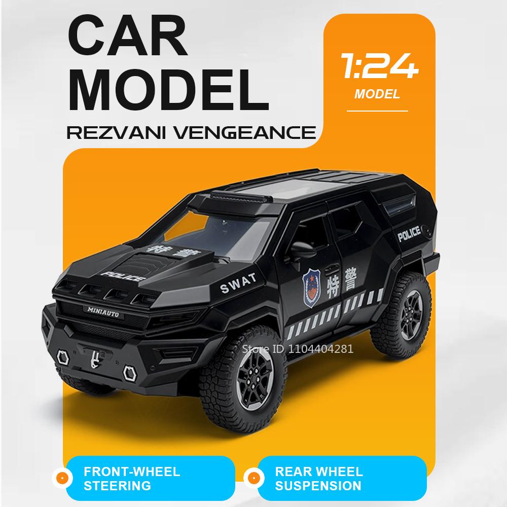 1:24 Rezvani Vengeance Explosion Proof Car Alloy Diecast Model Toys Front Wheel Steering Sound Light Pull Back Vehice Collection