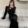 Early autumn black golden velvet dress, new women's clothing, spring and autumn high-end waist and long dress