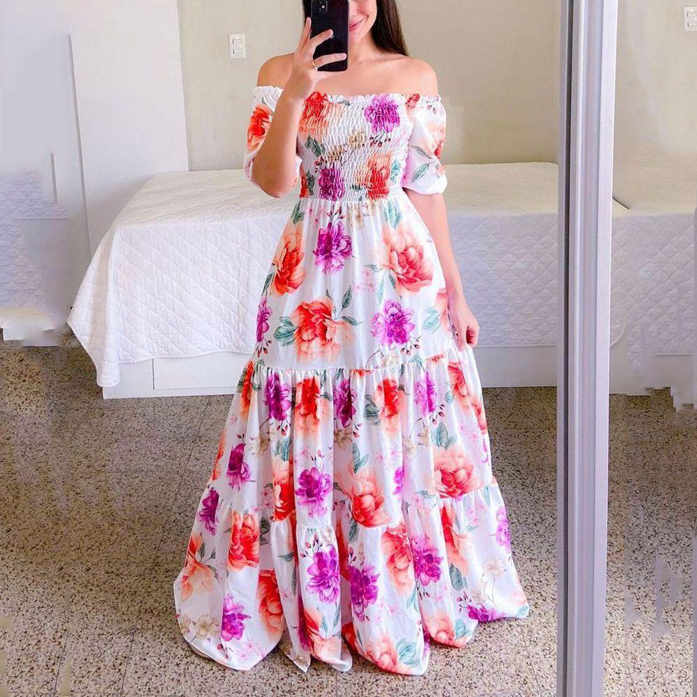 Women's Dress One-word Shoulder Floral Off-the-shoulder Long Printed Fairy Skirt