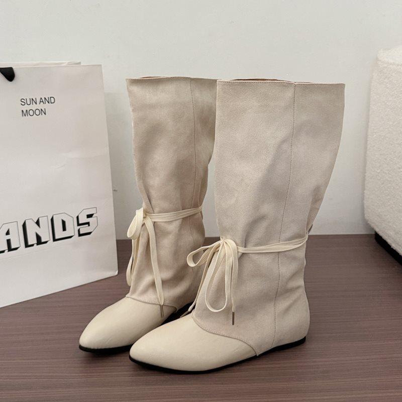 Thick leg pleated design cowboy boots knight boots stacked retro boots boots big tube circumference niche western feeling pointed head