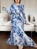 2025 Summer European & American U-Neck Long Sleeve Patchwork Slim Fit Printed Women's Dress