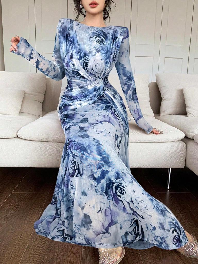 2025 Summer European & American U-Neck Long Sleeve Patchwork Slim Fit Printed Women's Dress