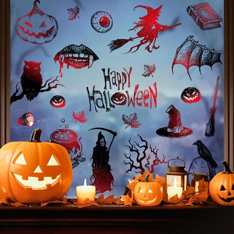 6/8/9 Sheets Halloween Window Clings Cute Ghost Pumpkin Bat Removable Self Adhesive For Home Party Glass Decor