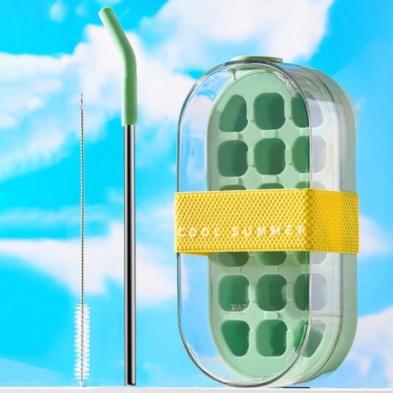 Láhev na vodu Forma na led se slámkou Uvolnění jedním kliknutím 2v1 Forma na ledové kostky a Konvice Přenosná láhev na vodu Vertikální forma na ledové kostky do mrazáku
