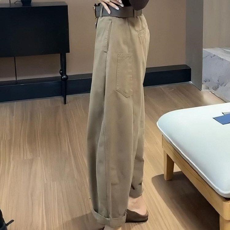 Jeans Retrô Coreano de Cintura Alta Khaki de Perna Larga para Mulheres 2026 - Estilo Calças Dad Soltas Emagrecedoras