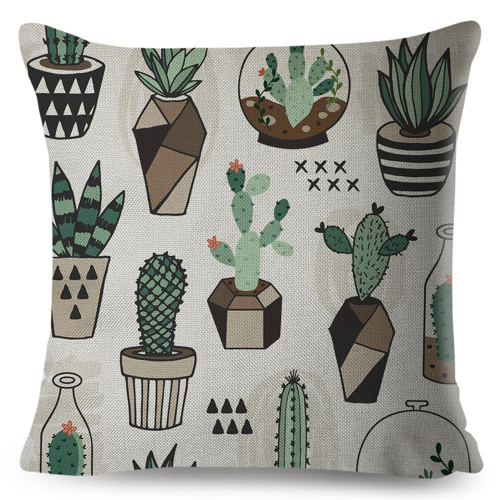 Scandinavian Style Cushion Cover Hand Drawn Cactus Floral Design Soft Square Pillow Gift Home Decor Xcm