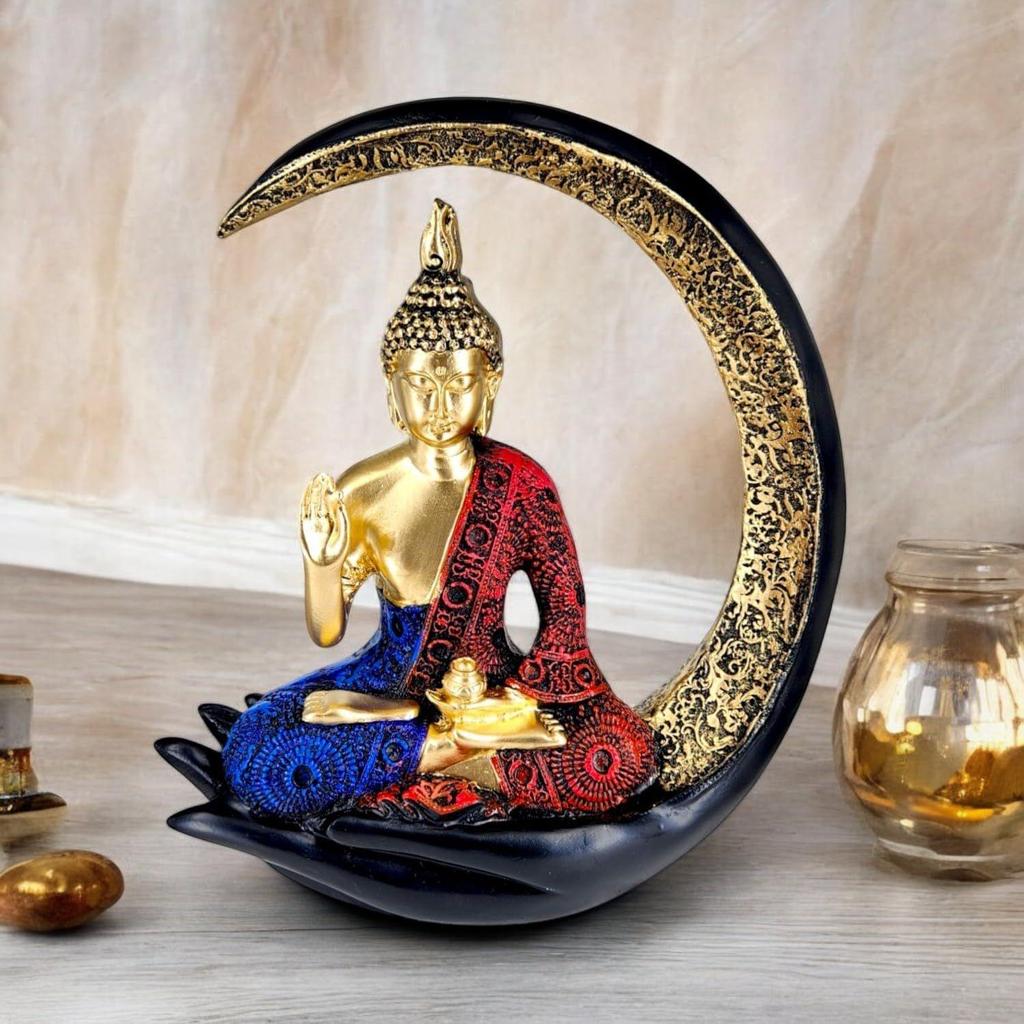 Decorative Buddha Idol for Home | Resin Meditating Buddha Statue In Moon Frame | Spiritual Showpiece