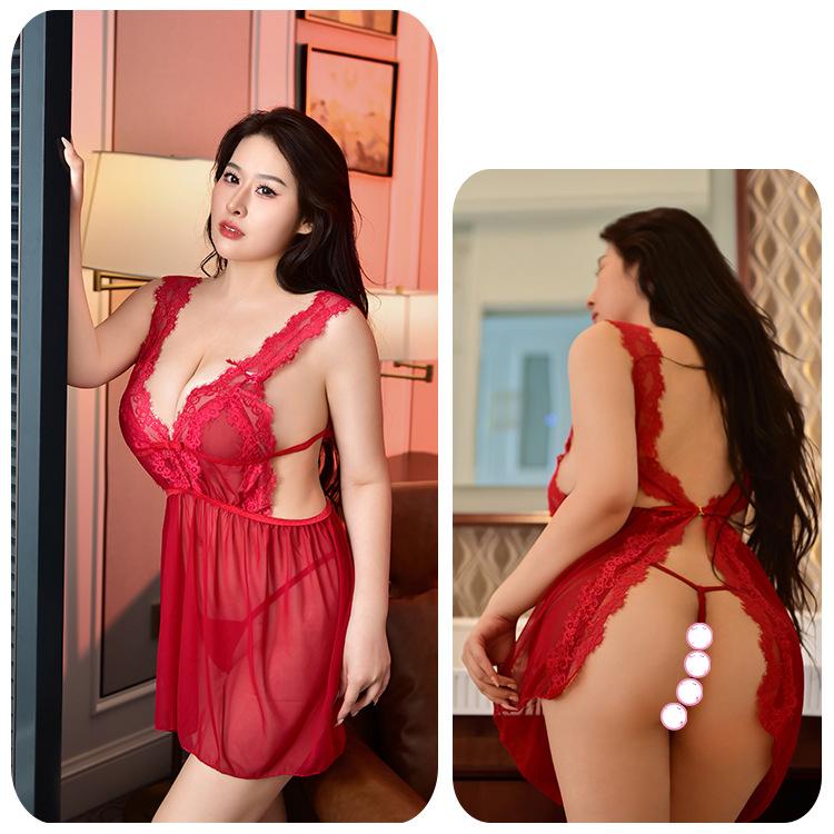 Erotic Lingerie Women's Sexy Back Open Fork Nightgown Lace Transparent Hot Temptation Big Size Dress Europe United States-style