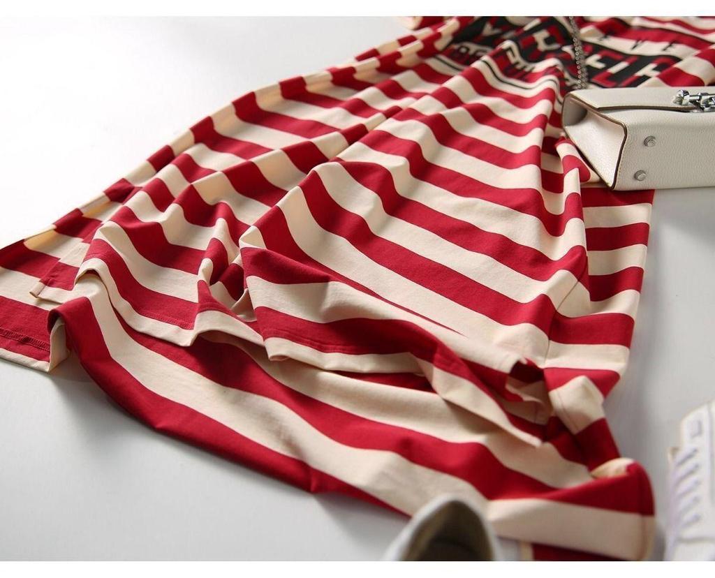 Korean Style Striped Maternity Dress - Summer Plus Size Loose T-shirt Skirt, Spring Mid-length Top