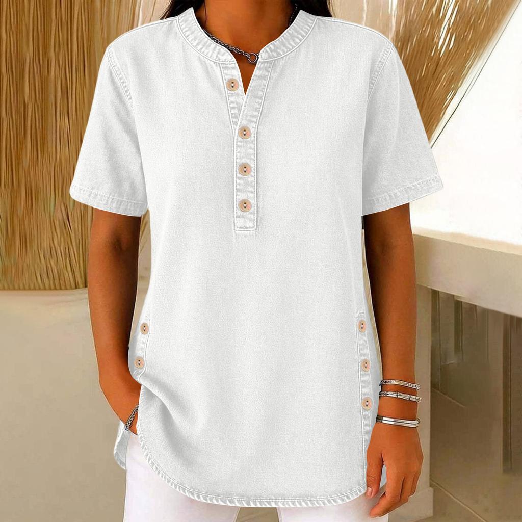 Ladies' Casual Imitation Denim V-neck Button Short Sleeved Top