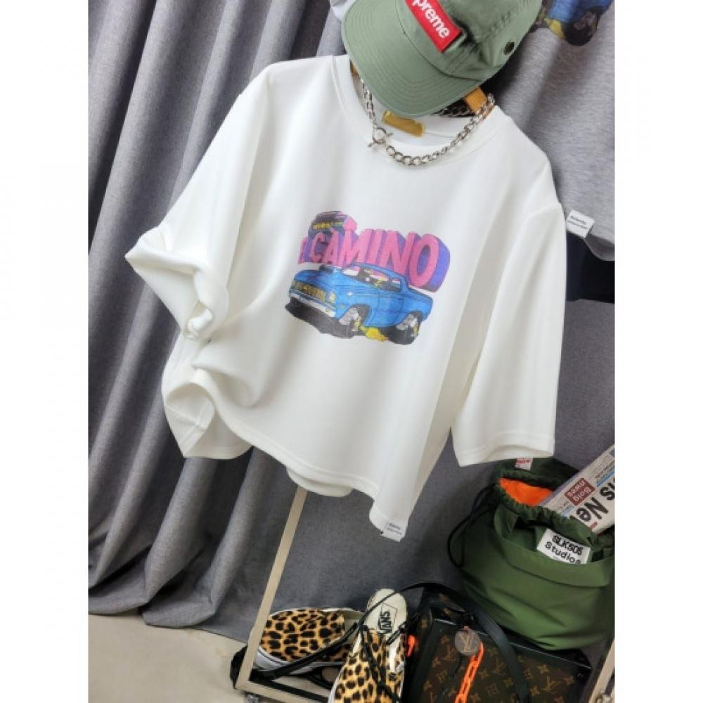 C S In The Room Elka prInTIng Label paTCh Semi Crop T ShirT 3Color