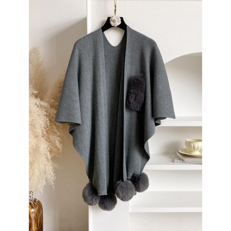 2026 Knit Cape Shawl With Pom Poms Long Cardigan Wrap Coat Women