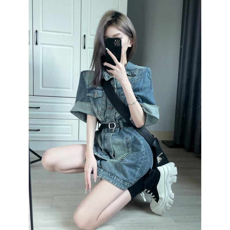 2023 European Design Slimming Denim Shirt Dress with Short Sleeves and a Turn-Down Collar