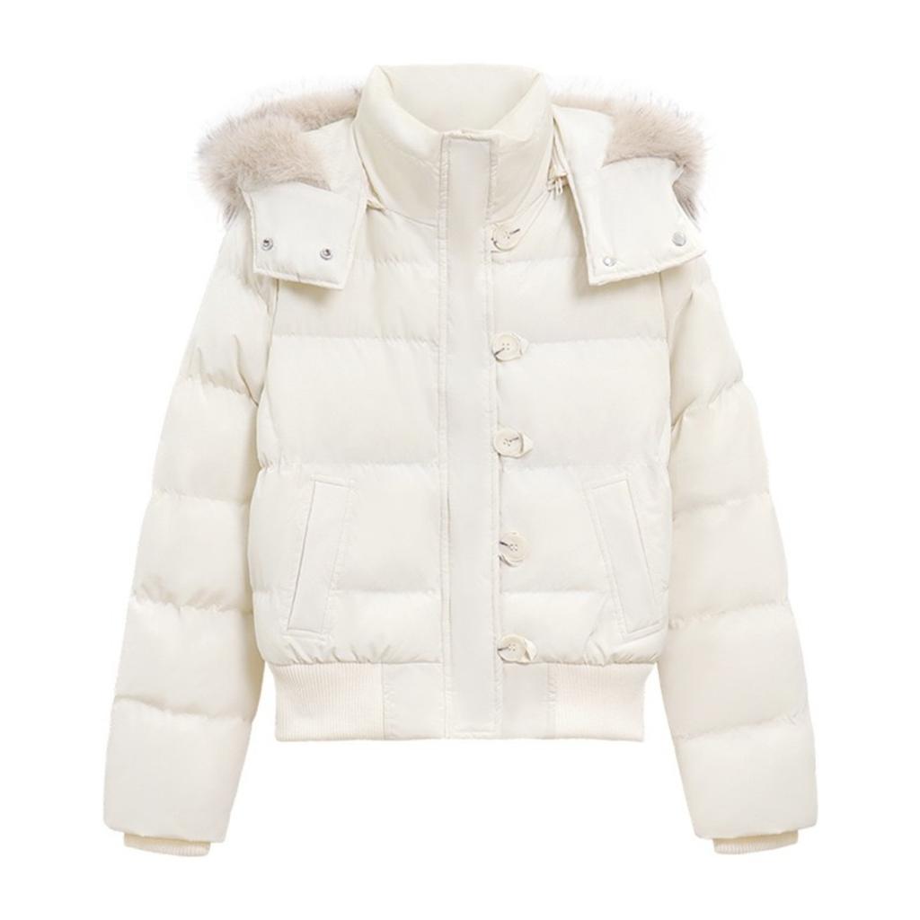 Amerykański Retro Futrzany Kołnierz Ciepły Jednolity Kolor Damski Bawełniany Płaszcz z Kapturem Ins Zima Luźny Casualowy Slim Bawełniany Płaszcz Kurtki