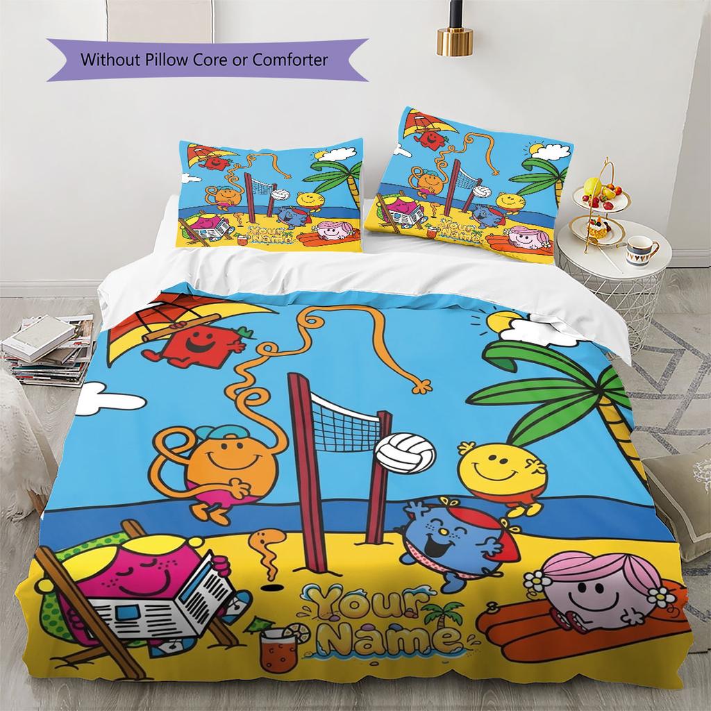 Mr. Men Little Miss Custom Name Pattern Bedding,Quilt Set Quilt Cover Pillowcase Home Birthday Gift(1 * duvet cover + 2 * pillowcase, without core)