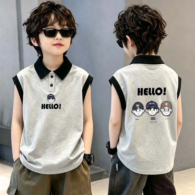 Boys' Trendy Cotton Color Block Polo Vest T-shirt with Stylish Lapel Patchwork - Sleeveless Summer Top for Medium and Large Children