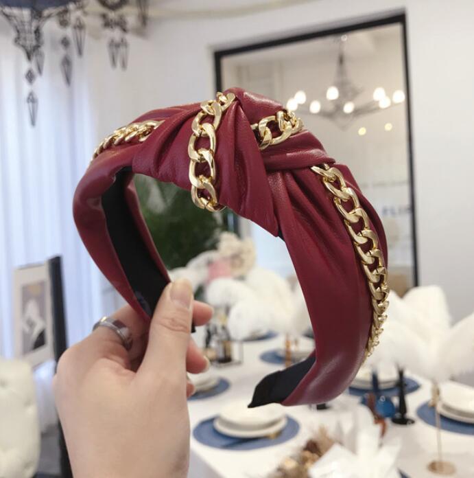 New Fashion Leather Headband Women Soft PU Hairband Gold Alloy Chain Headwear Wide Side Solid Headwear Autumn Hair Accessories