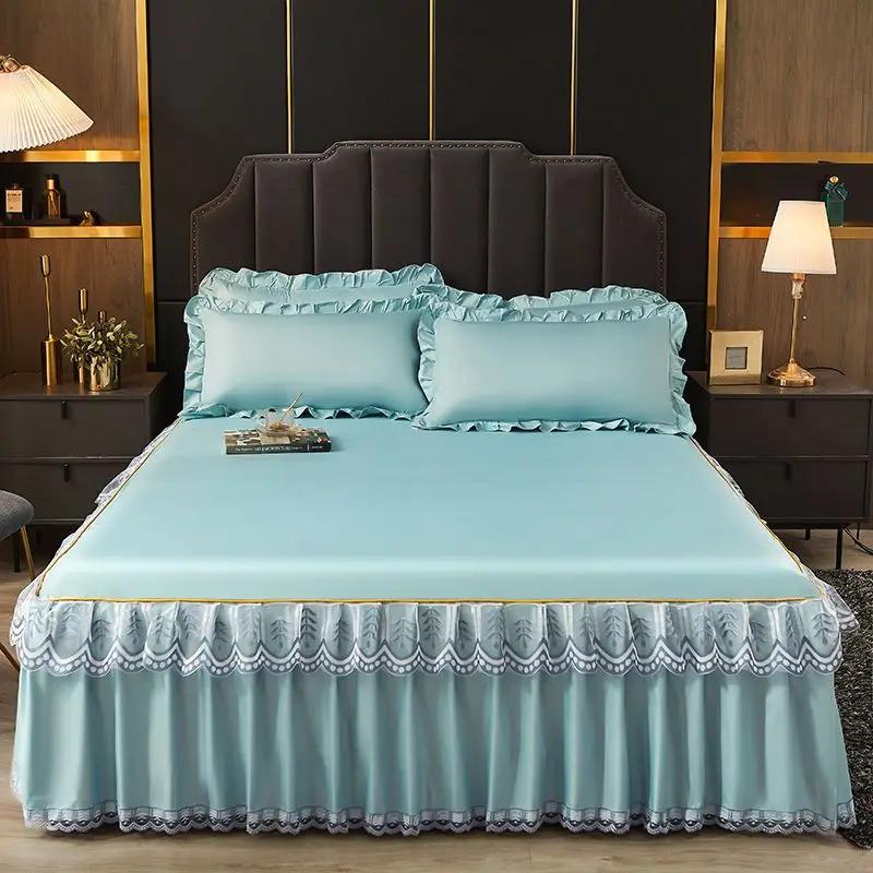 Luxurious lace bed skirt summer bedspread solid satin rayon bed linen couple bedding single double queen king size bed sheet