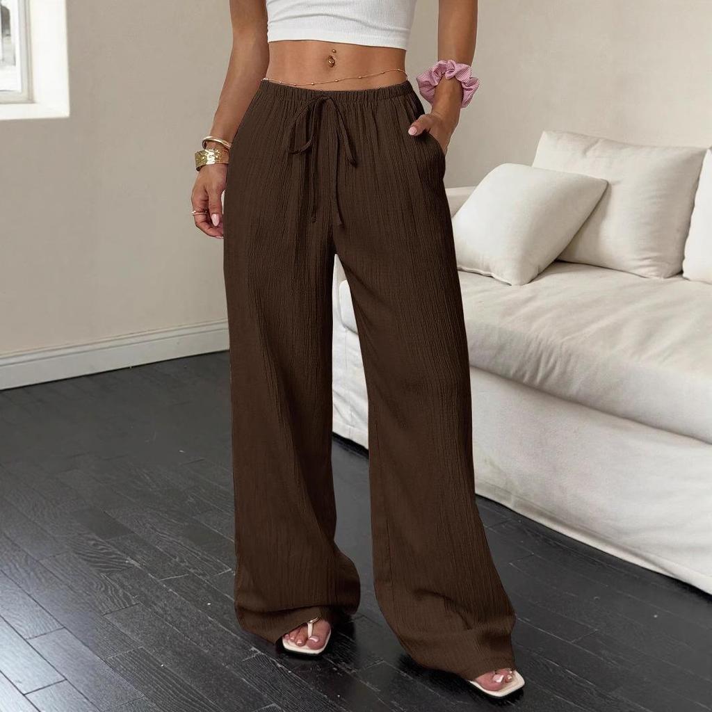 2026 Summer Women's Casual Wide-Leg Pants with Knot Waist and Slanted Pockets