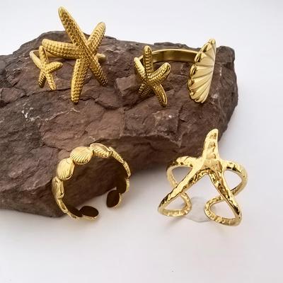 Edelstahl Seestern Muschel Verstellbarer Ring - Ozean Serie Schmuck
