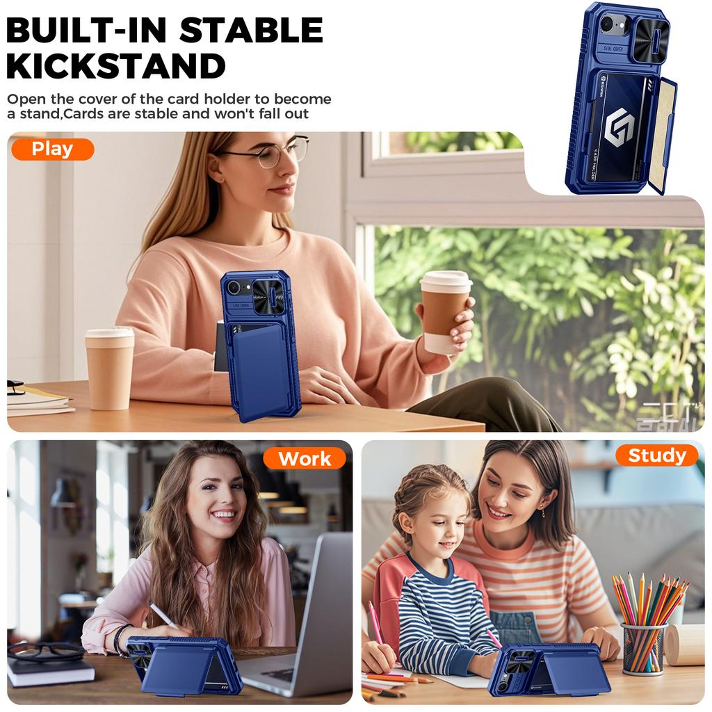 RFID Blocking Wallet Case with Card Holder Sliding Camera Cover PC+TPU Protective Case for IPhone 16e/iPhone 17e-Blue