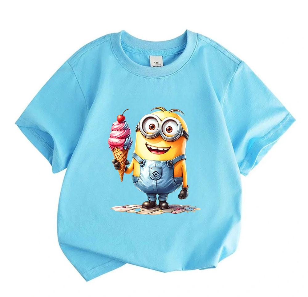 Kids Boys Girls Crew Neck Short Sleeve 100% Cotton T-Shirt, Cute Yellow Cartoon Character Hold Ice Cream Print Casual Soft Breathable Summer Tee Tops