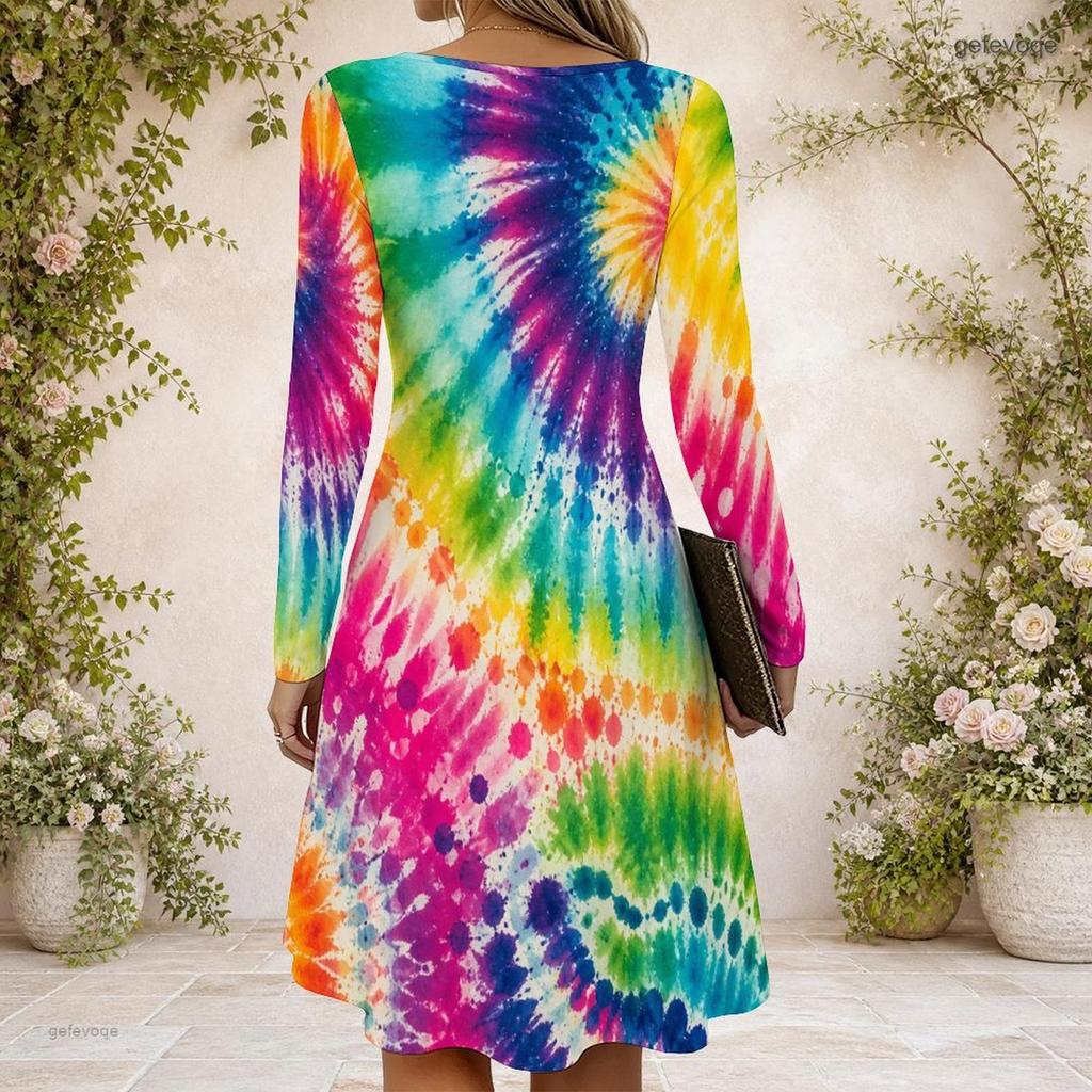 Women Criss Cross V Neck Long Sleeve Multicolor Printed Fitted Curved Hem Dress