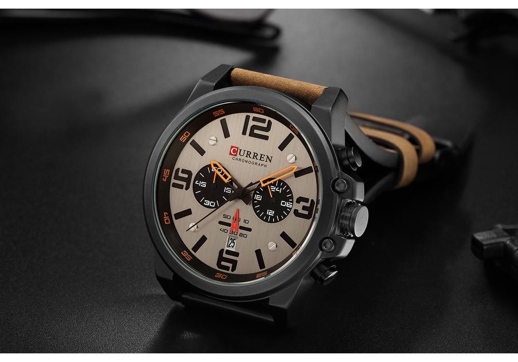 Curren 8314 Men's Multifunction Sports Watch with Six-Hand Calendar, Large Dial, and Leather Strap