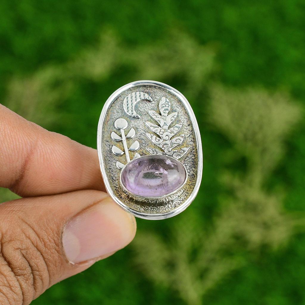 Natural African Amethyst Gemstone Promise Adjustable Ring 925 Silver For Girls