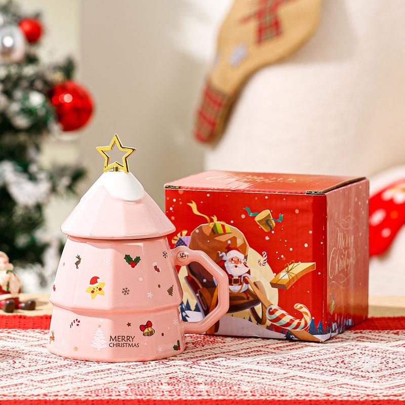 Creative Christmas Mug Christmas Tree Ceramic Cup with Lid Spoon Large Capacity Coffee Cup