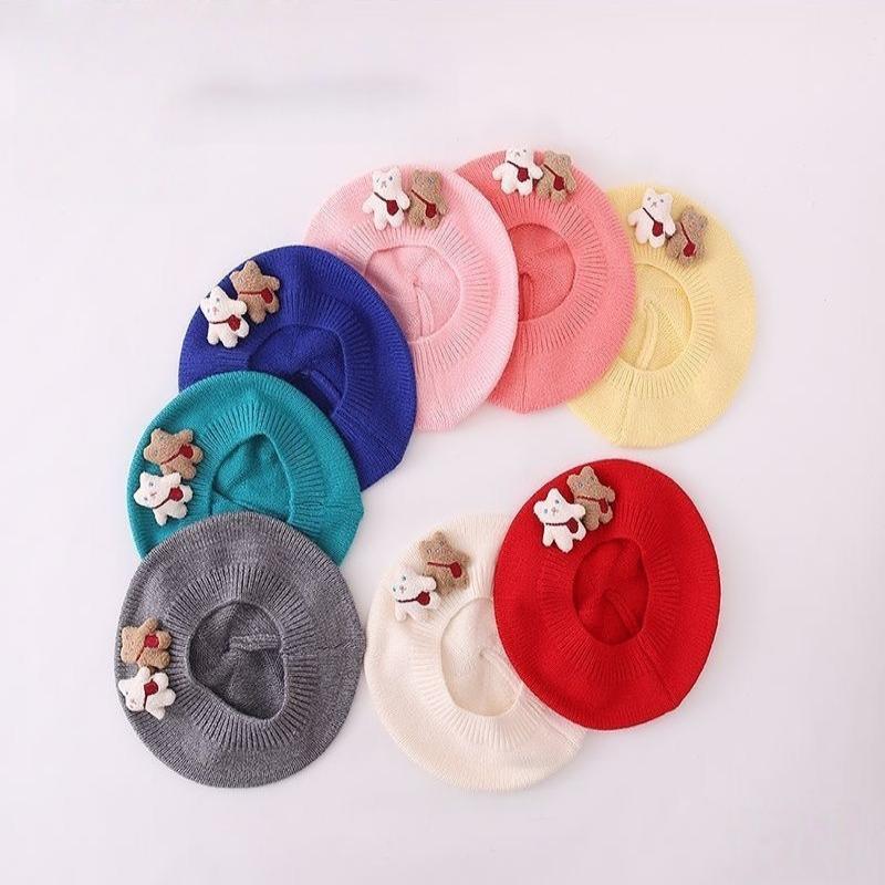 1 szt. Uroczy pasek miś ciepła czapka beanie jednolity kolor dzianinowy beret dla dzieci dziewcząt jesień zima artysta malarz czapki
