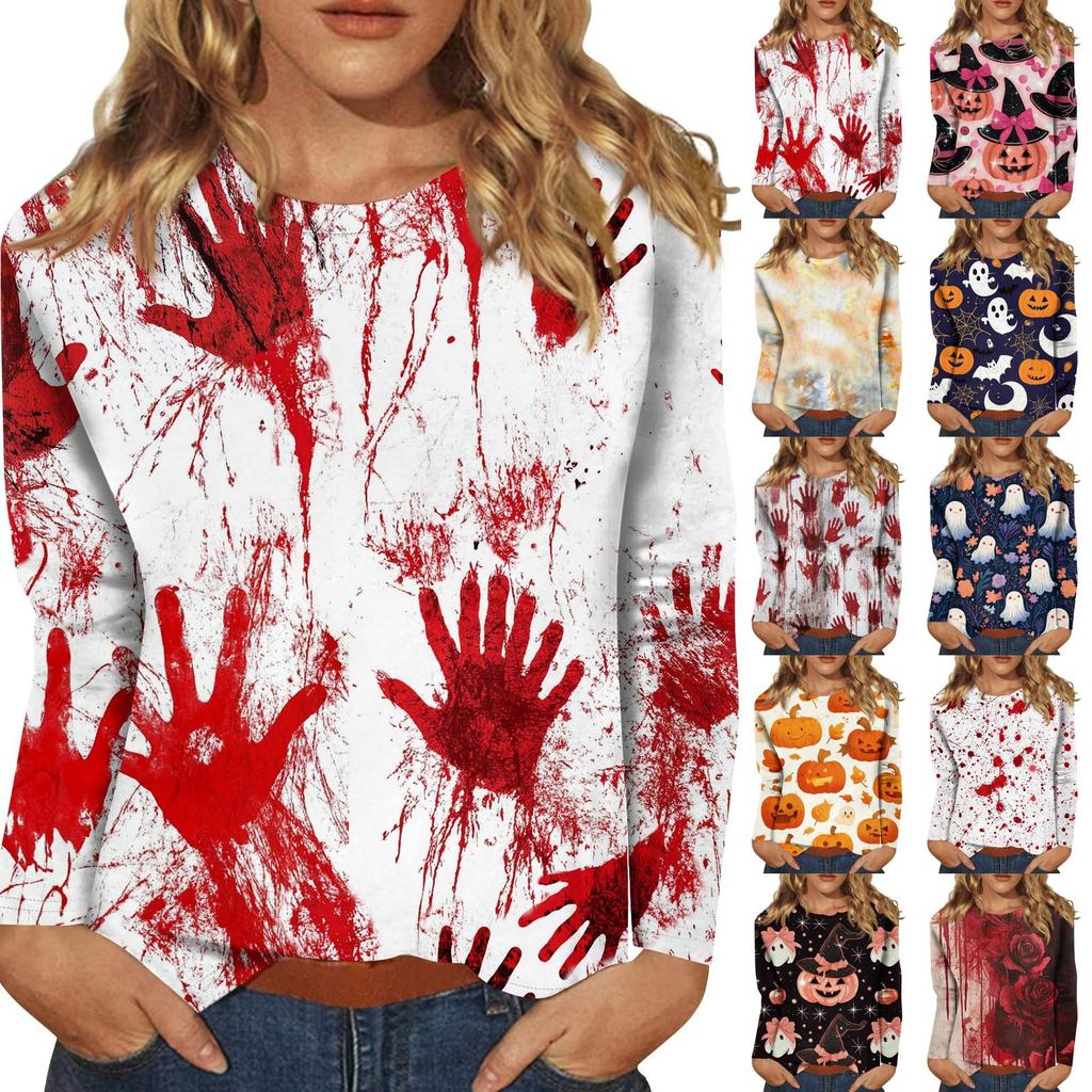 Women's Long-sleeved Loose-necked Halloween Print Casual Top, Suitable for Holiday Parties