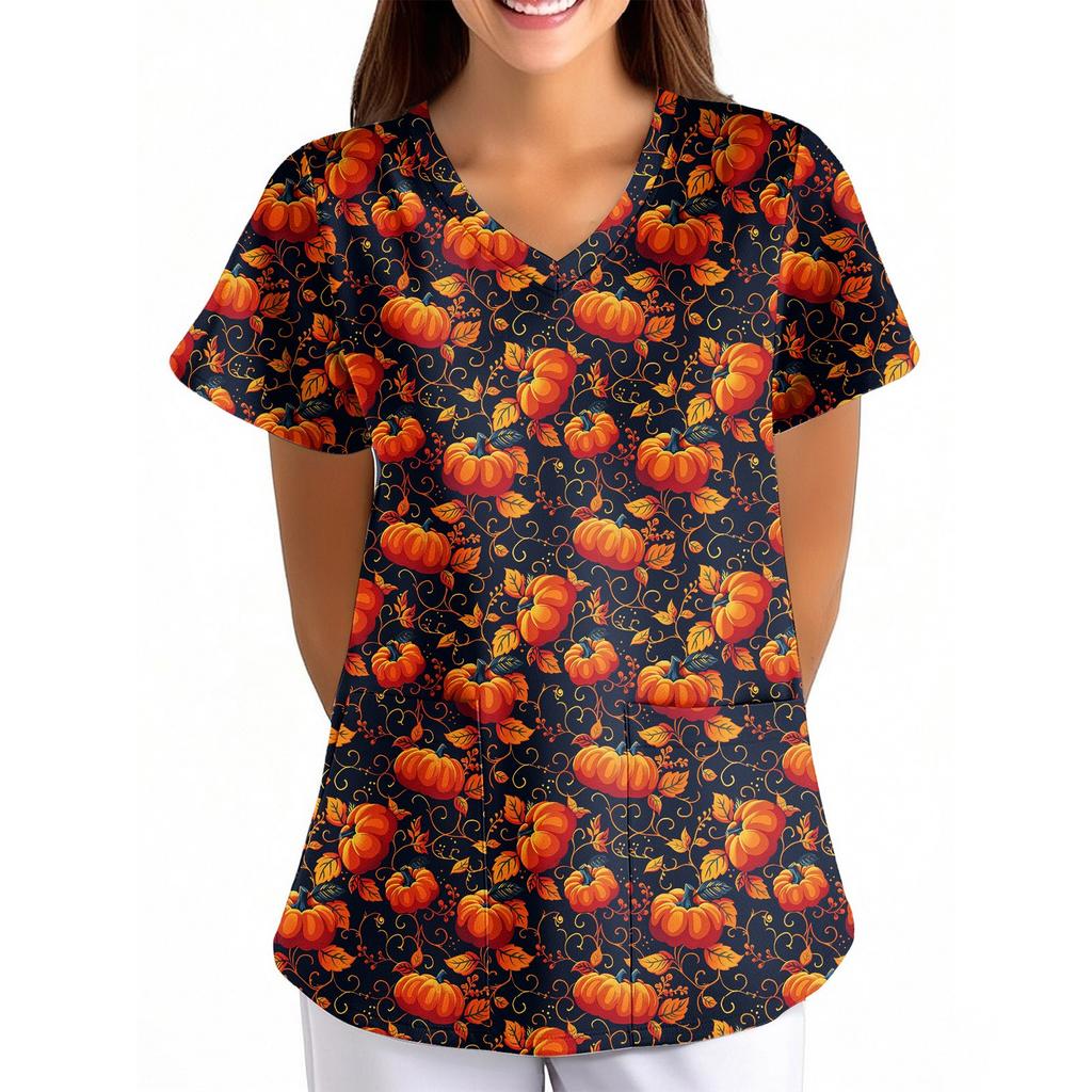 Women's Halloween Printed Loose V-Neck Pocket Short SleevUniform Uniform