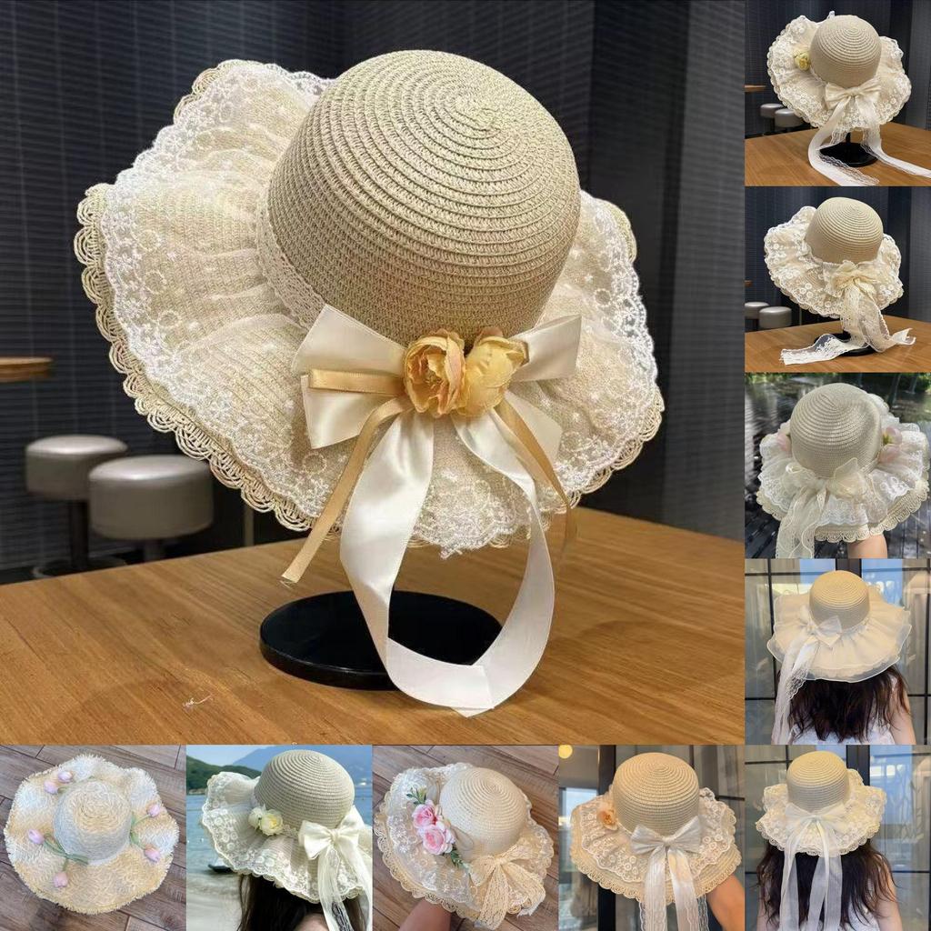 Weaving Lace Bow Sun Hat With Wide Brim For Beach And Vacation