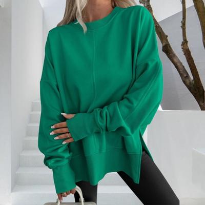 Damen Casual Rundhals Sweatshirt Oversized Langarm Pullover Tops Weicher Seitenschlitz Herbst Lockeres Outfit