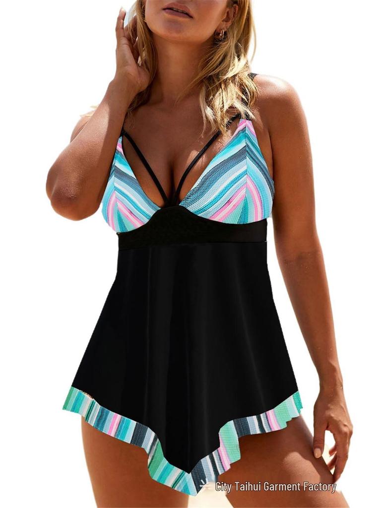Plus Size 2025 Digital Print Women's Two-Piece Swimsuit - Blue