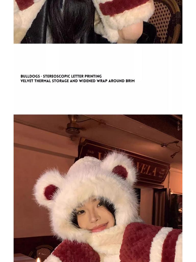 2024 Women's Red Angora Bear Hat with Thick Winter Scarf & Gloves