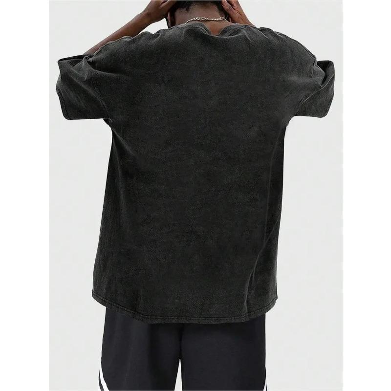 European Size Men's Vintage Washed Cotton, Oversized Loose Fit, Unique Sun and Moon Pattern Print, Casual Fashion Suitable for Casual Wear