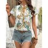 New Women's Floral Print Lace-up Short Sleeve Shirt, Spring Summer Casual Blouse for Women European American Size