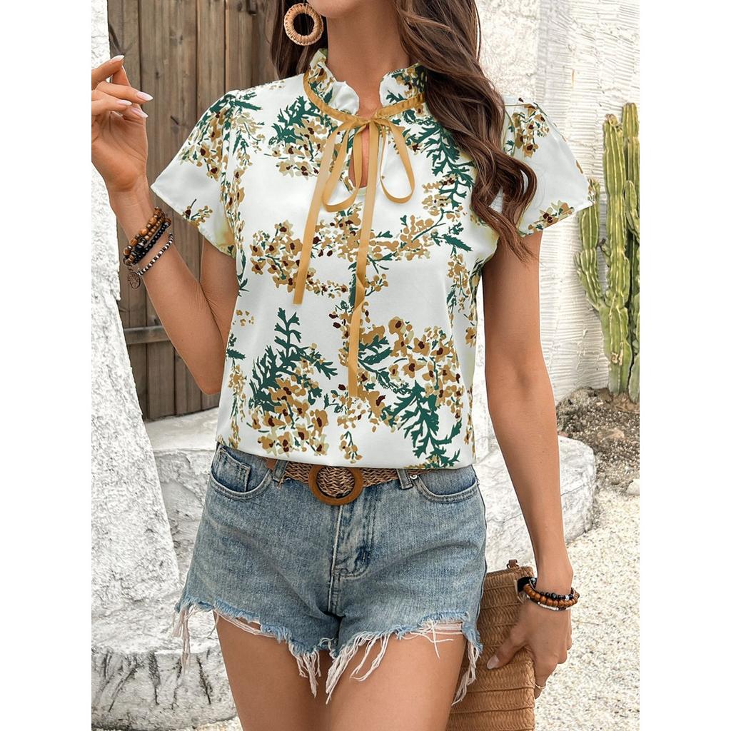 New Women's Floral Print Lace-up Short Sleeve Shirt, Spring Summer Casual Blouse for Women European American Size