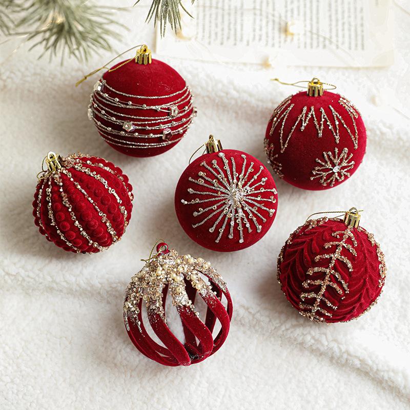 4pcs Christmas Balls, 8CM Wine Red Flocked Christmas Balls, Hanging Balls, Glitter Plastic Balls, Christmas Tree Ornaments